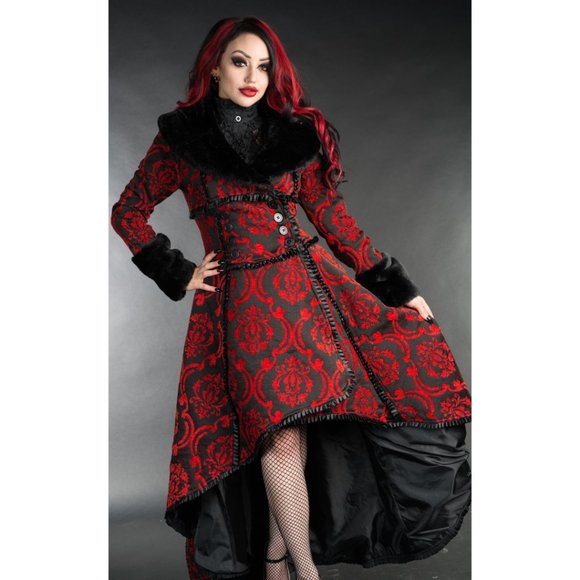 New Heavy Brocade High Low Coat Queen Royal Princess Renaissance Medieval Red - Picture 4 of 8
